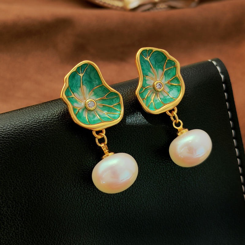 Bridalore Oriental Enamel Lotus Leaf Earrings