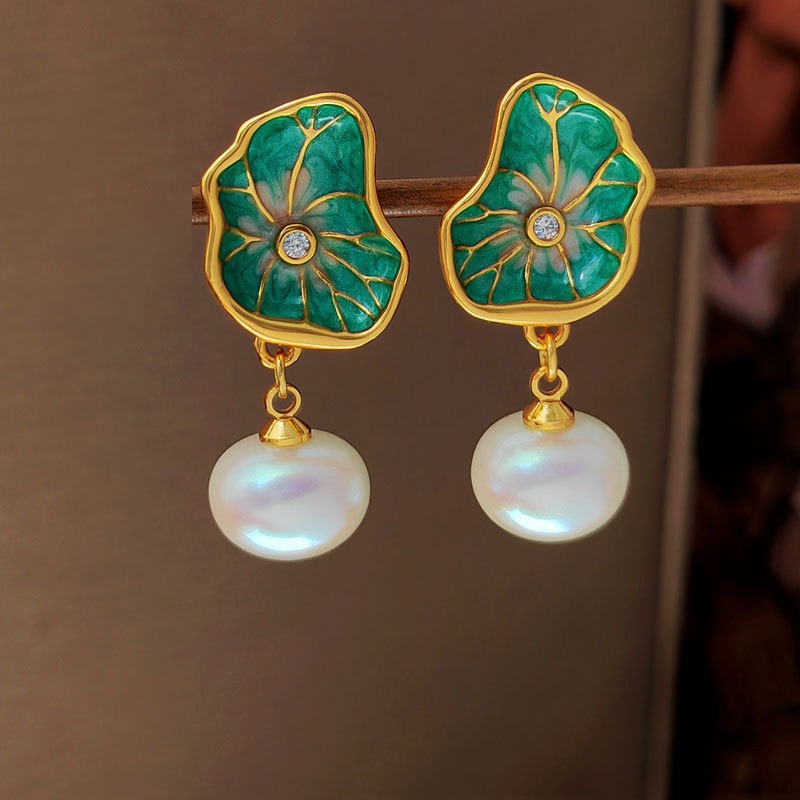 Bridalore Oriental Enamel Lotus Leaf Earrings