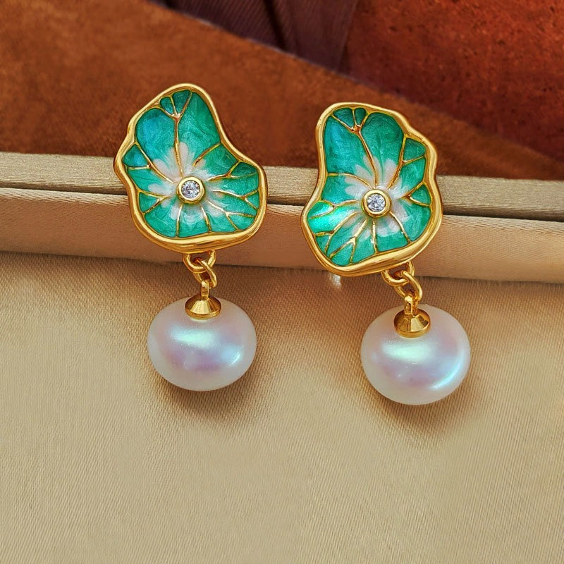 Bridalore Oriental Enamel Lotus Leaf Earrings